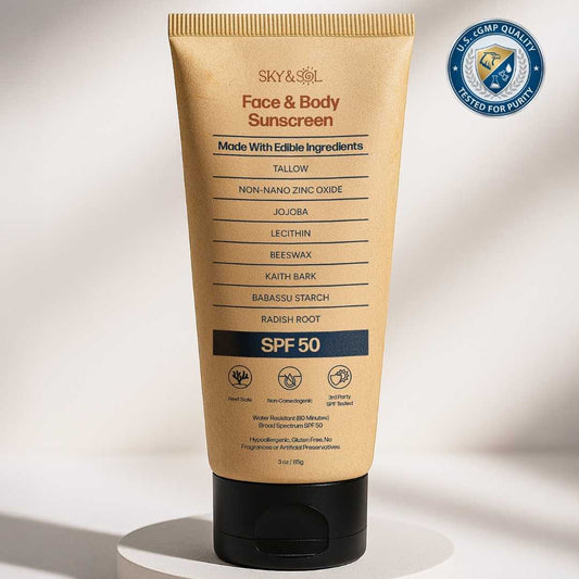 Sky and Sol SPF50 Face & Body Sunscreen 3oz Non-nano zinc oxide & grass-fed tallow, no white cast 80min water resistant, fragrance-free, reef-safe, non-greasy